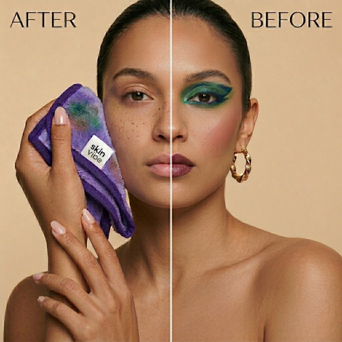 Before and after comparison of a woman using a skincare product on beige background